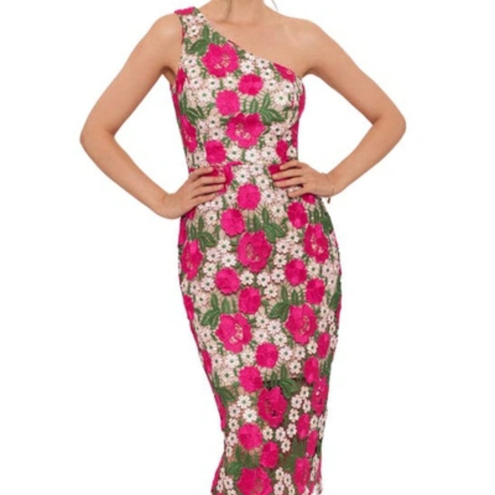 Xscape Floral Embroidered One-Shoulder Midi Dress size 2